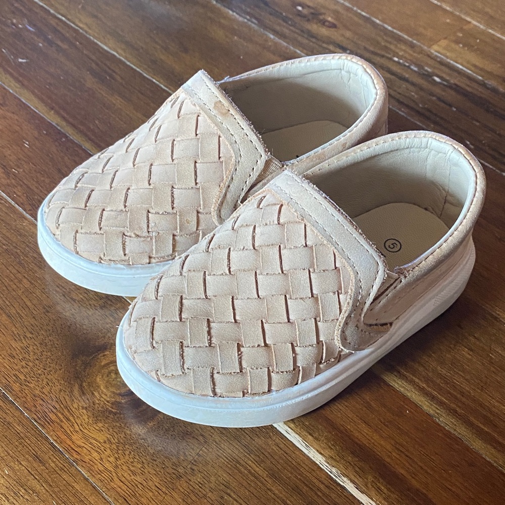Woven Tan  Leather Slip-On Kids Sneakers slides
